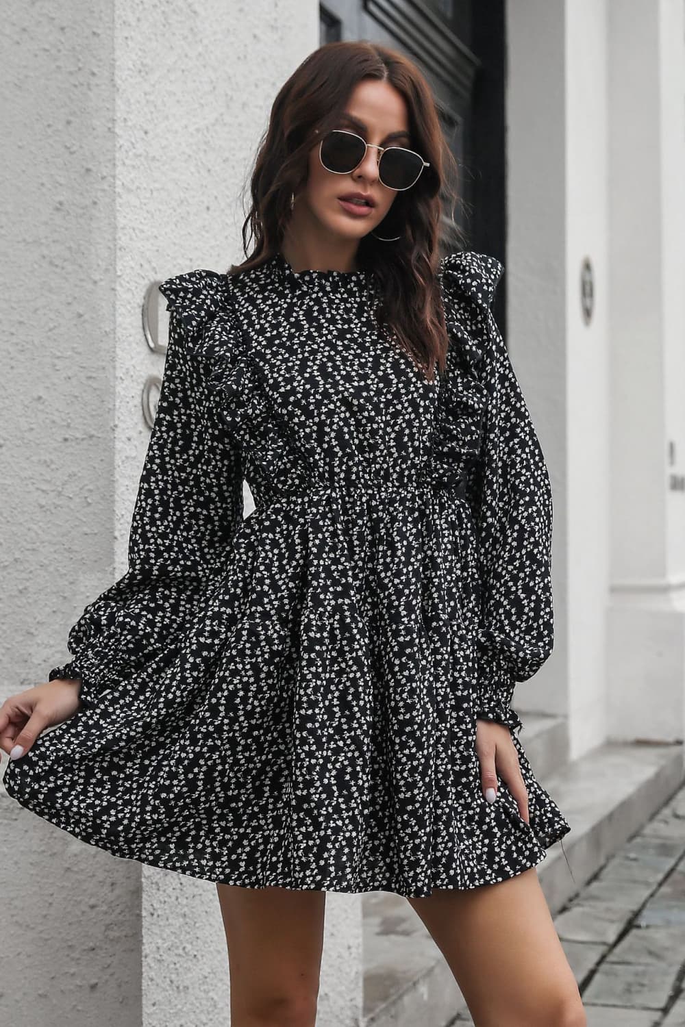 Printed Ruffle Trim Smocked Long Sleeve Mini Dress - Siennasass