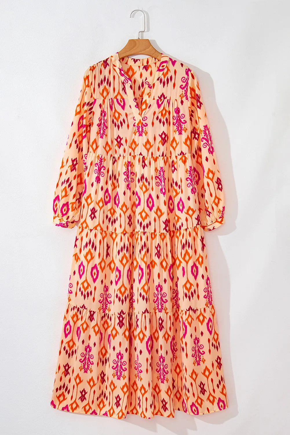 Tiered Printed Notched Long Sleeve Midi Dress - Siennasass