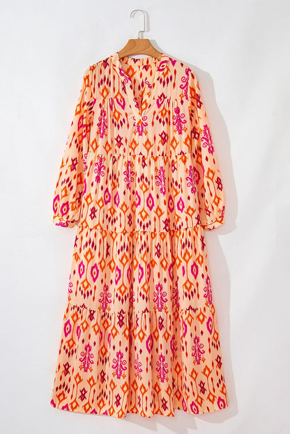 Tiered Printed Notched Long Sleeve Midi Dress - Siennasass