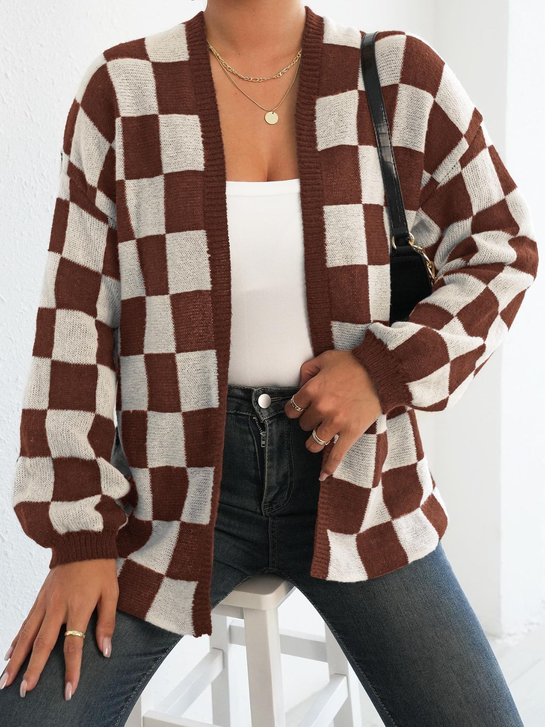Checkered Open Front Long Sleeve Cardigan - Siennasass