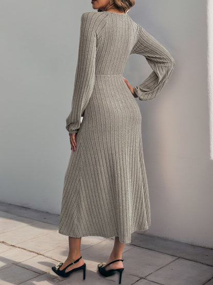Perfee Ribbed Tied Surplice Long Sleeve Dress - Siennasass