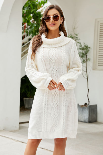 Woven Right Mixed Knit Turtleneck Lantern Sleeve Sweater Dress - Siennasass