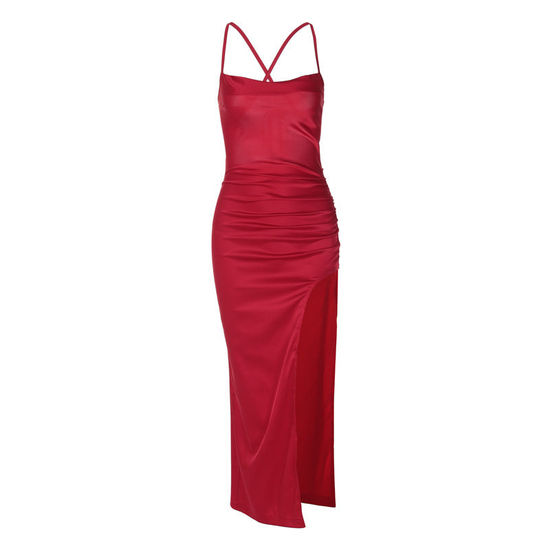 Pure Color Halter Backless Thin Strap Hip Bag Dress