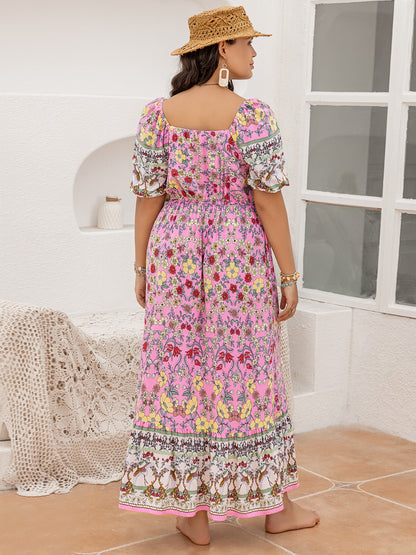 Plus Size Printed Square Neck Ruffle Hem Dress - Siennasass