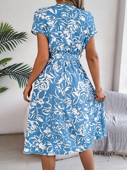 Printed V-Neck Short Sleeve Dress - Siennasass