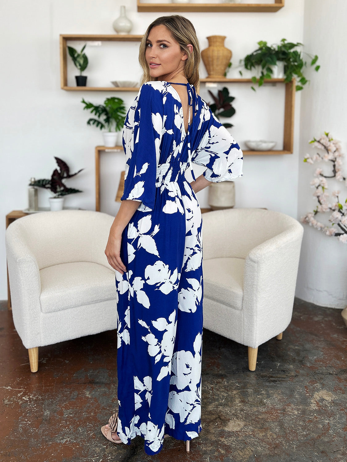 Double Take Full Size Printed Tie Back Wide Leg Jumpsuit - Siennasass