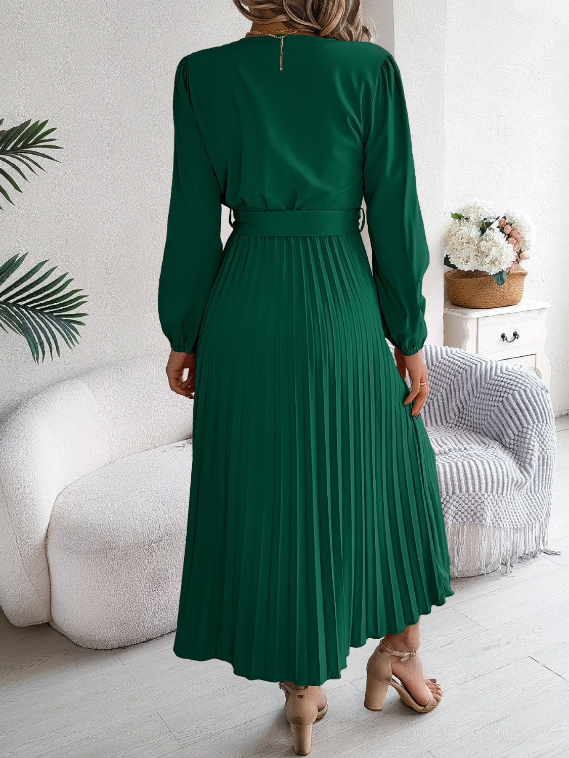 Pleated Tied V-Neck Long Sleeve Dress - Siennasass