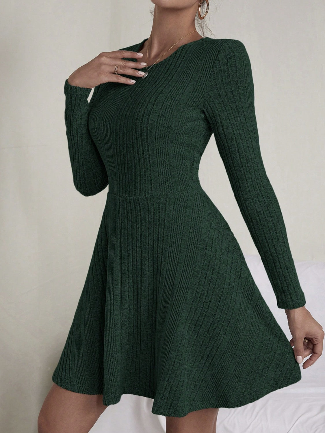 Textured Round Neck Long Sleeve Dress - Siennasass