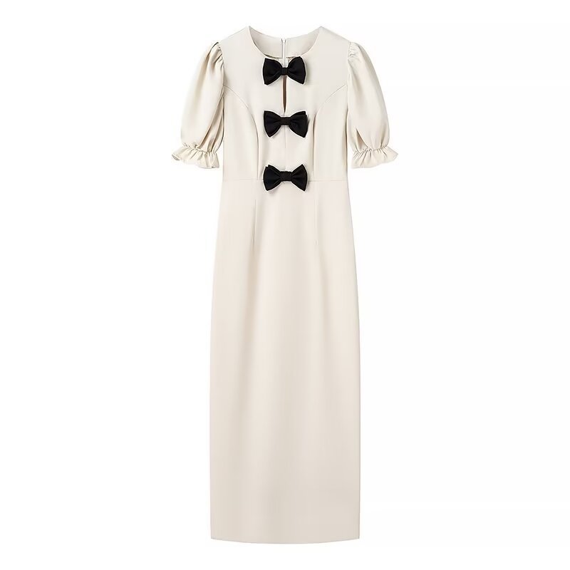 Einfarbiges Kleid mit Puffärmeln und Schleife