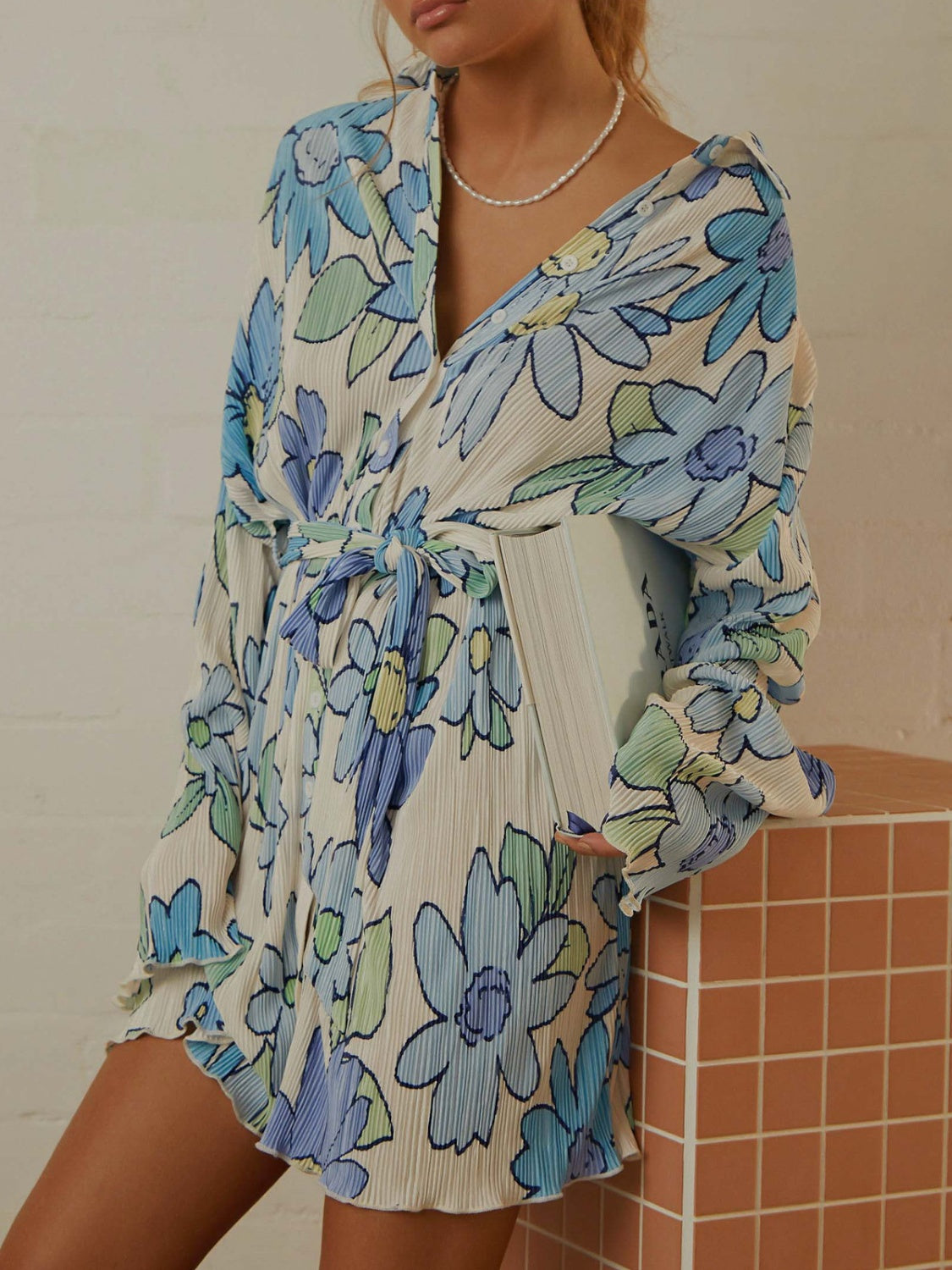 Tied Button Up Long Sleeve Dress - Siennasass