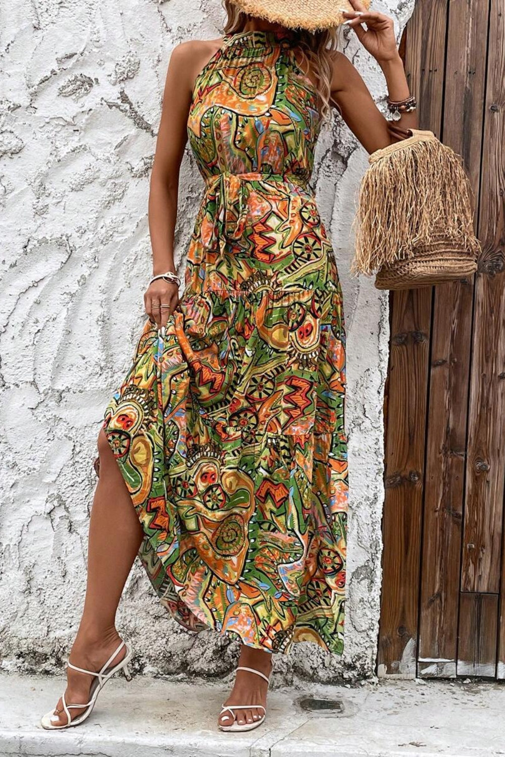 Tied Slit Floral Sleeveless Dress - Siennasass
