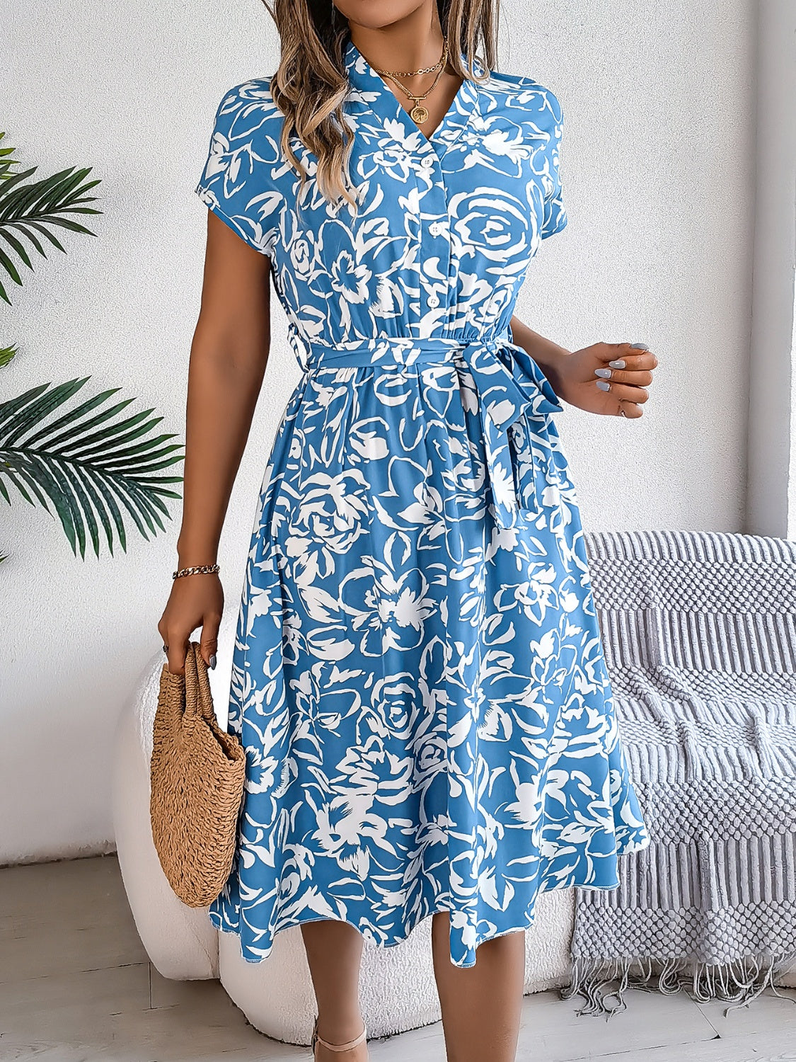 Printed V-Neck Short Sleeve Dress - Siennasass