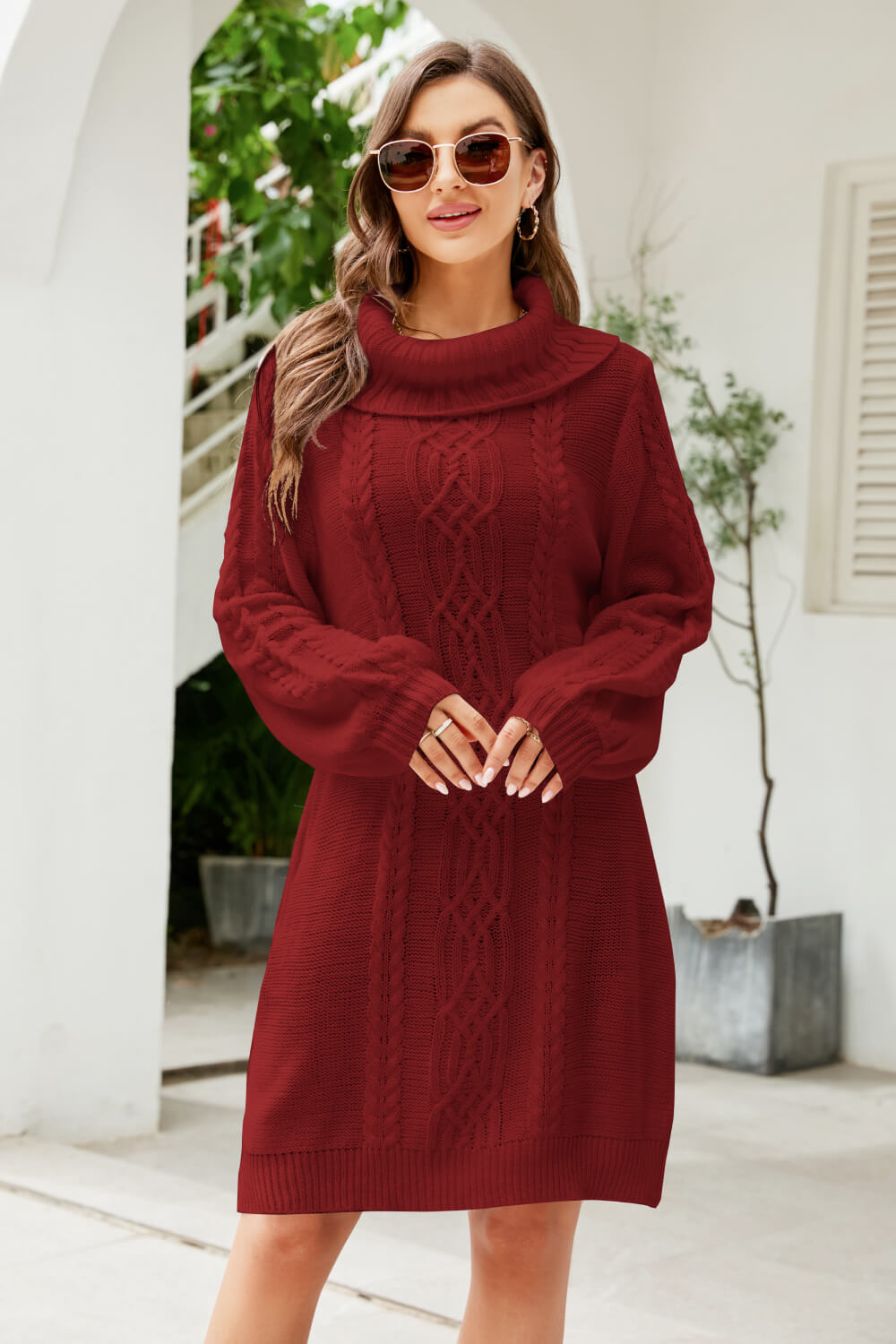 Woven Right Mixed Knit Turtleneck Lantern Sleeve Sweater Dress - Siennasass