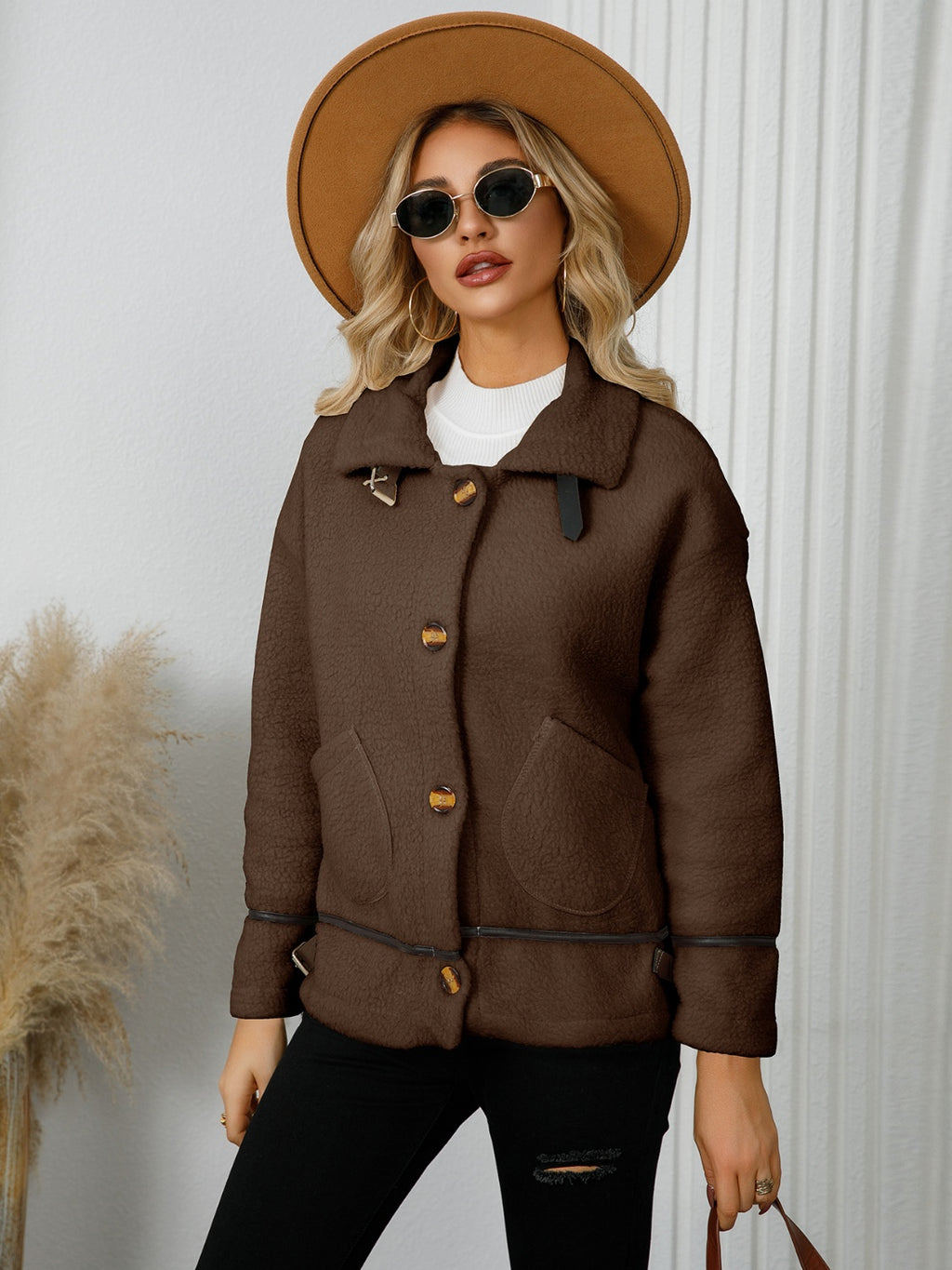 Pocketed Button Down Collared Neck Jacket - Siennasass