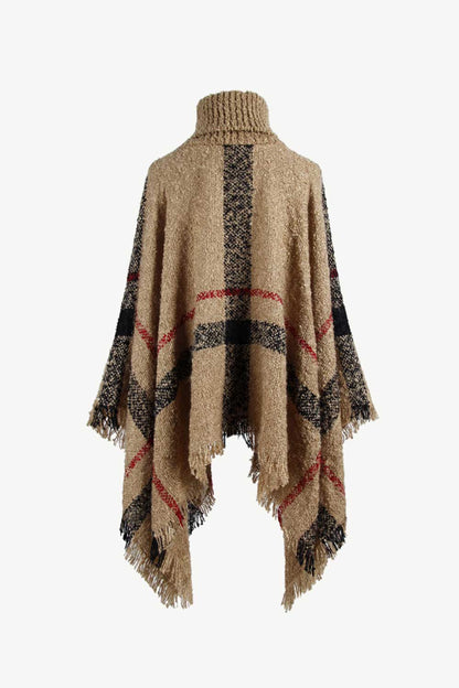 Plaid Turtleneck Raw Hem Poncho - Siennasass