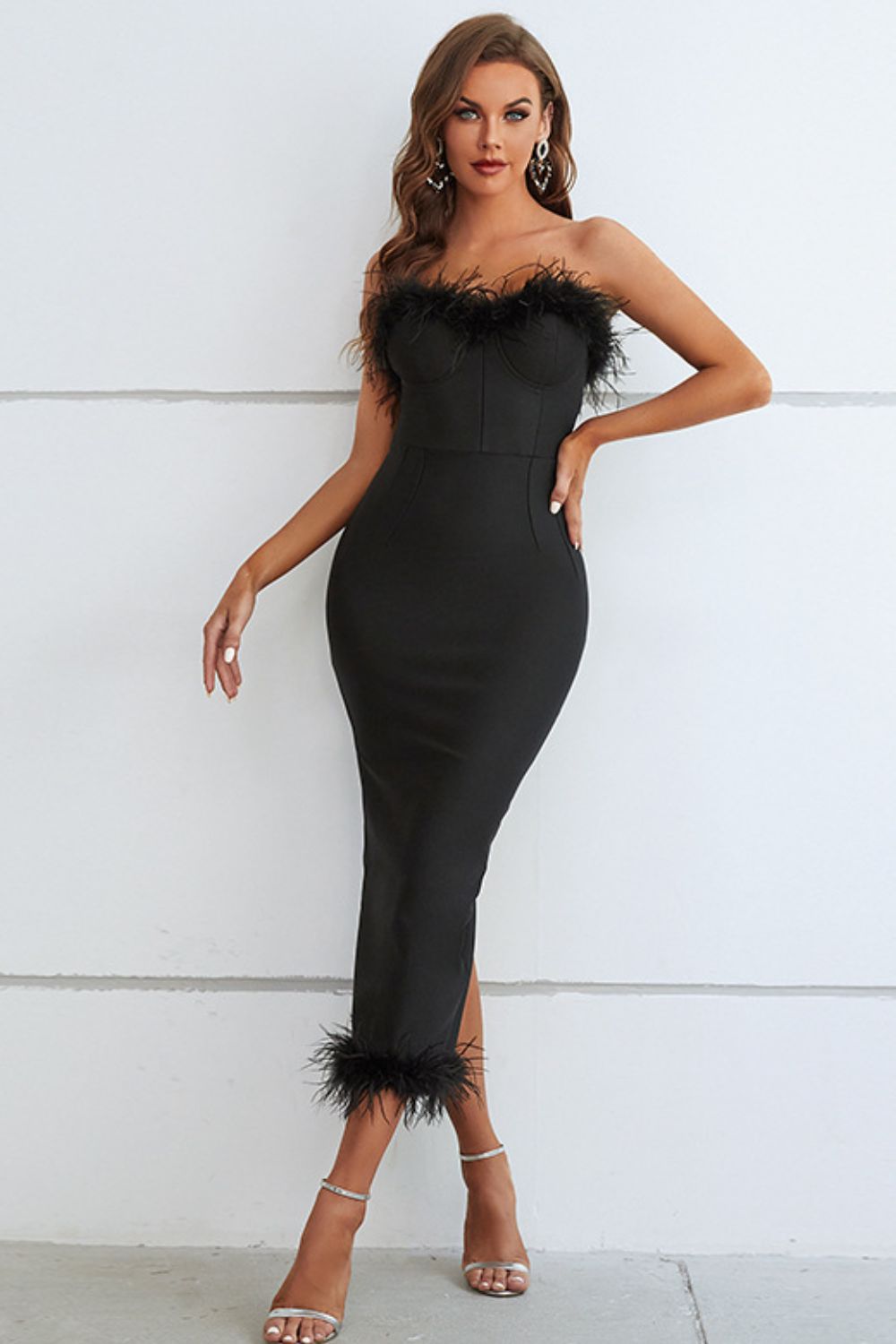Feather Trim Strapless Sweetheart Neck Dress - Siennasass