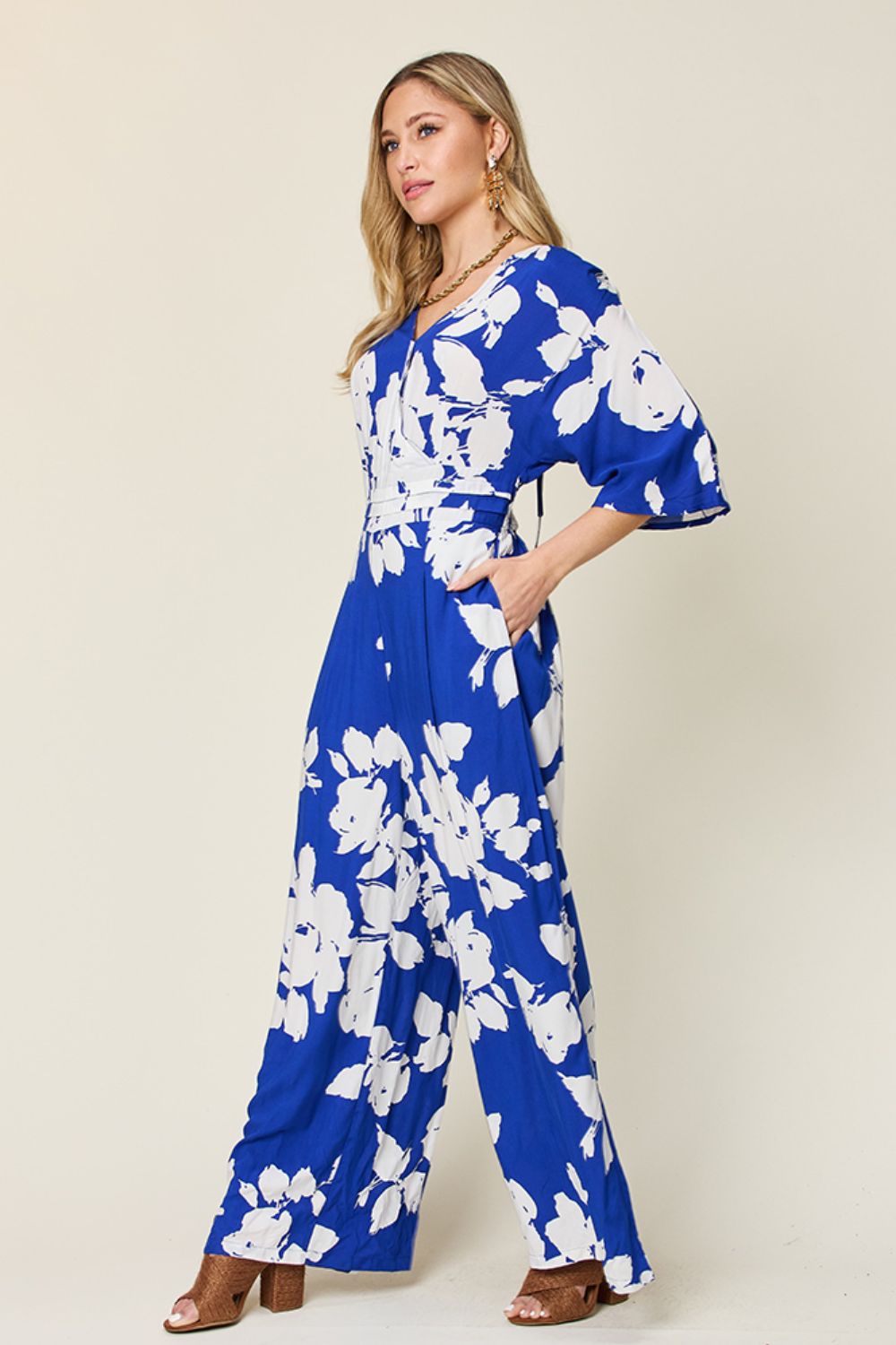 Double Take Full Size Printed Tie Back Wide Leg Jumpsuit - Siennasass