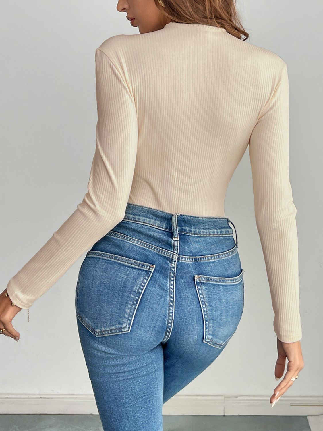 Perfee Decorative Button Round Neck Long Sleeve Bodysuit - Siennasass