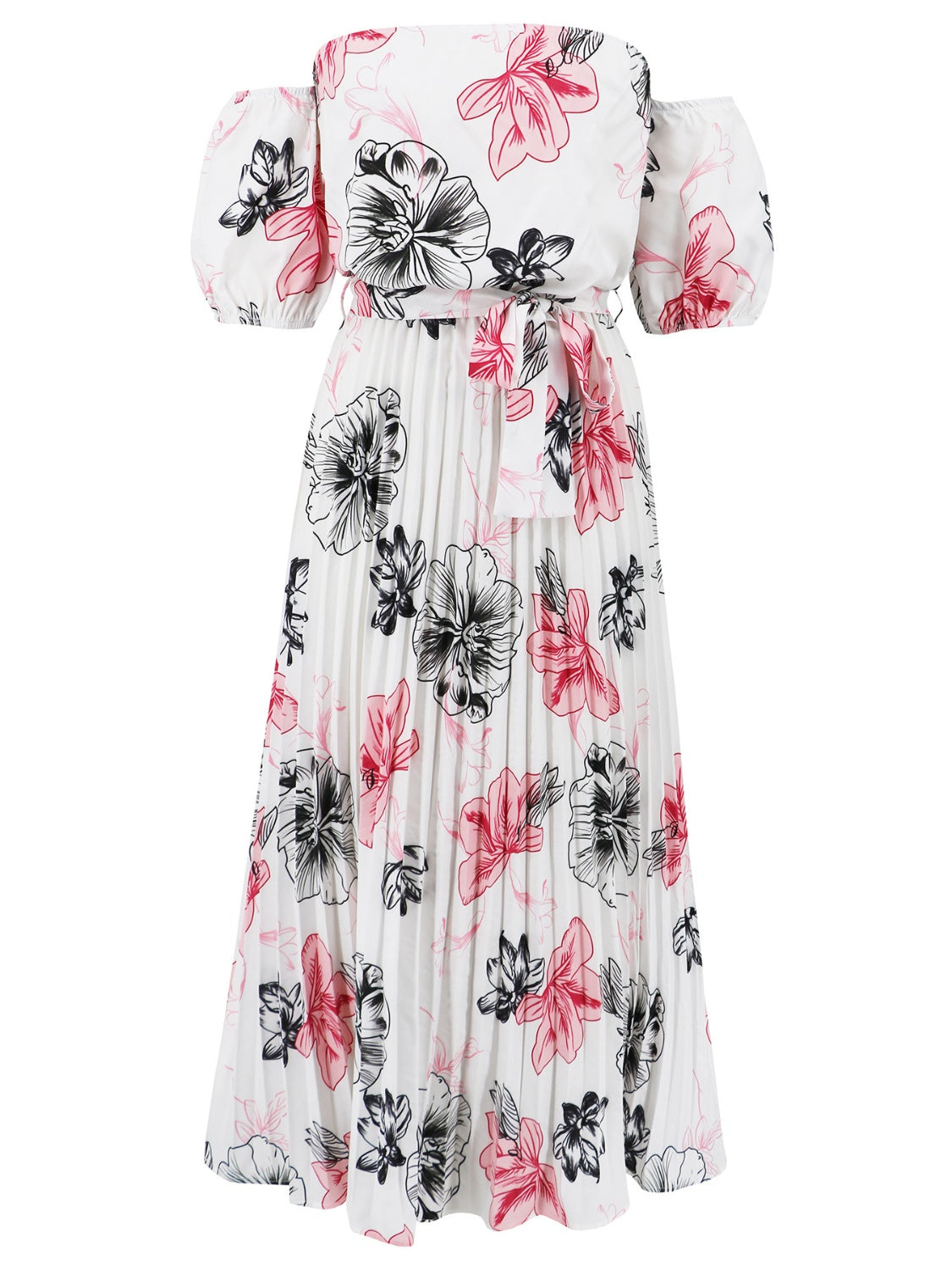 Pleated Floral Off-Shoulder Short Sleeve Midi Dress - Siennasass