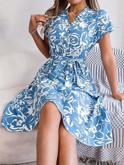 Printed V-Neck Short Sleeve Dress - Siennasass