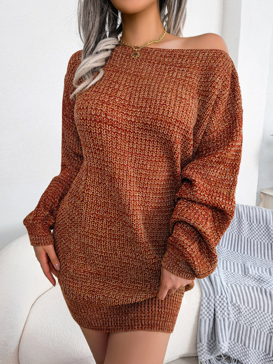 Heathered Boat Neck Lantern Sleeve Sweater Dress - Siennasass