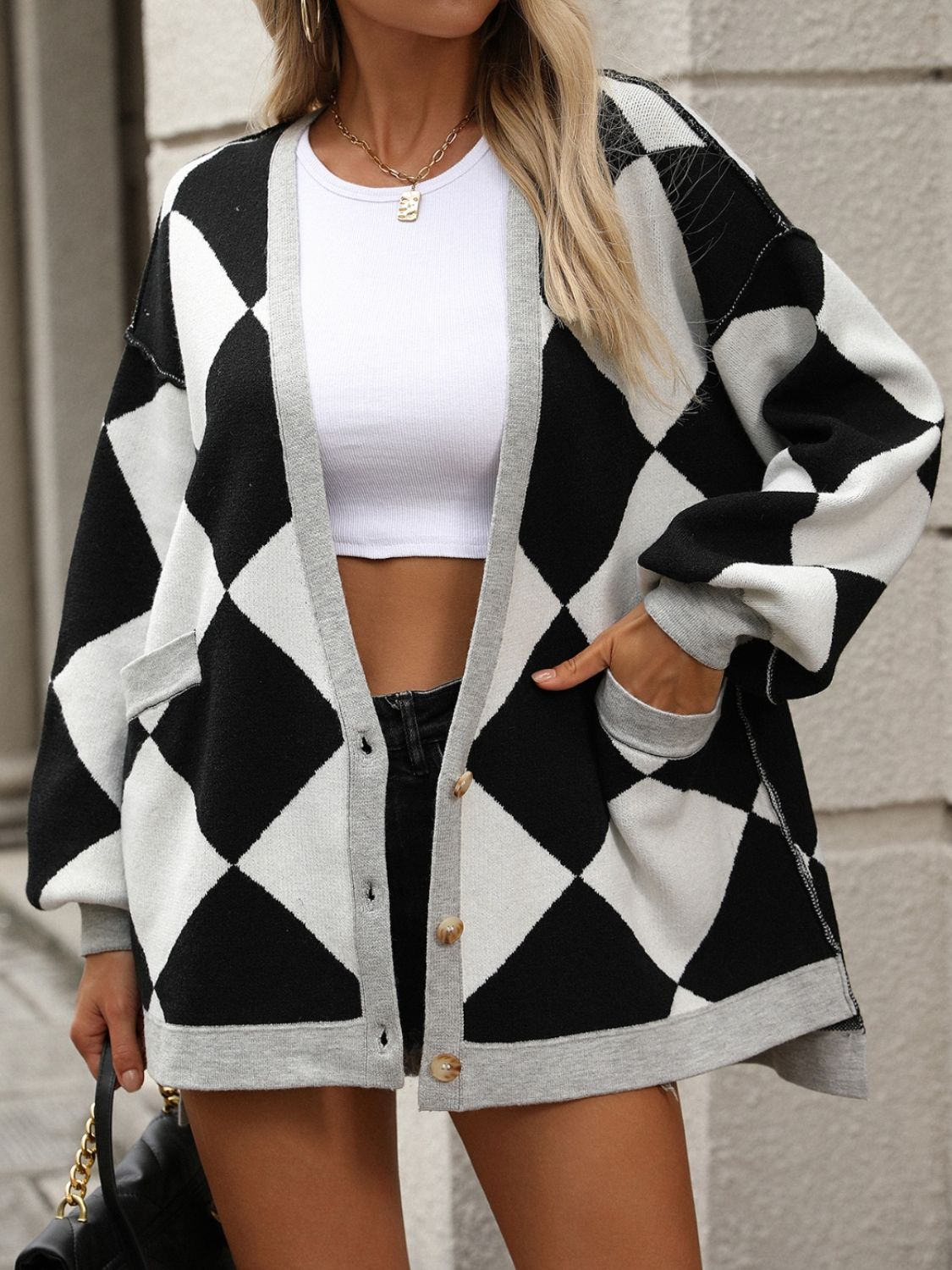 Checkered Dropped Shoulder Long Sleeve Cardigan - Siennasass