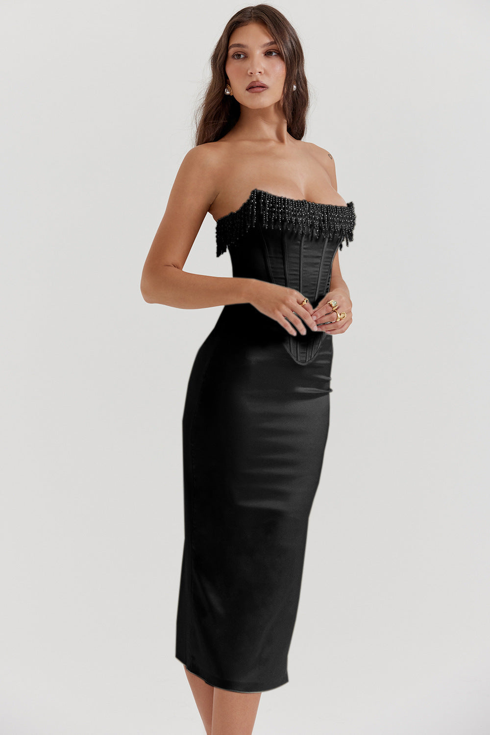 Perlen Fischgrätenkleid Rock Damenkleid