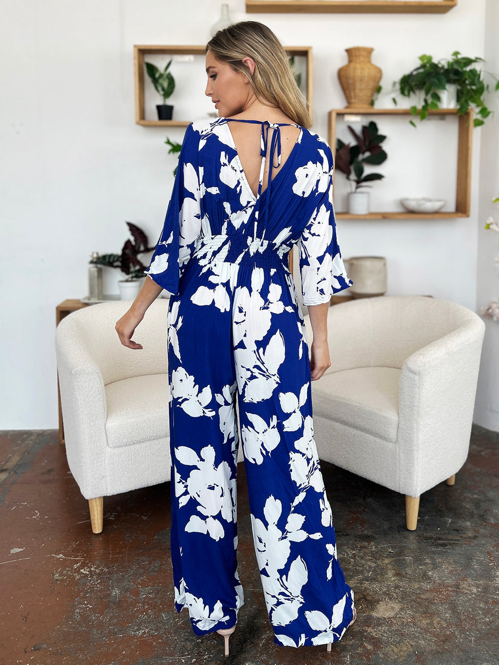 Double Take Full Size Printed Tie Back Wide Leg Jumpsuit - Siennasass