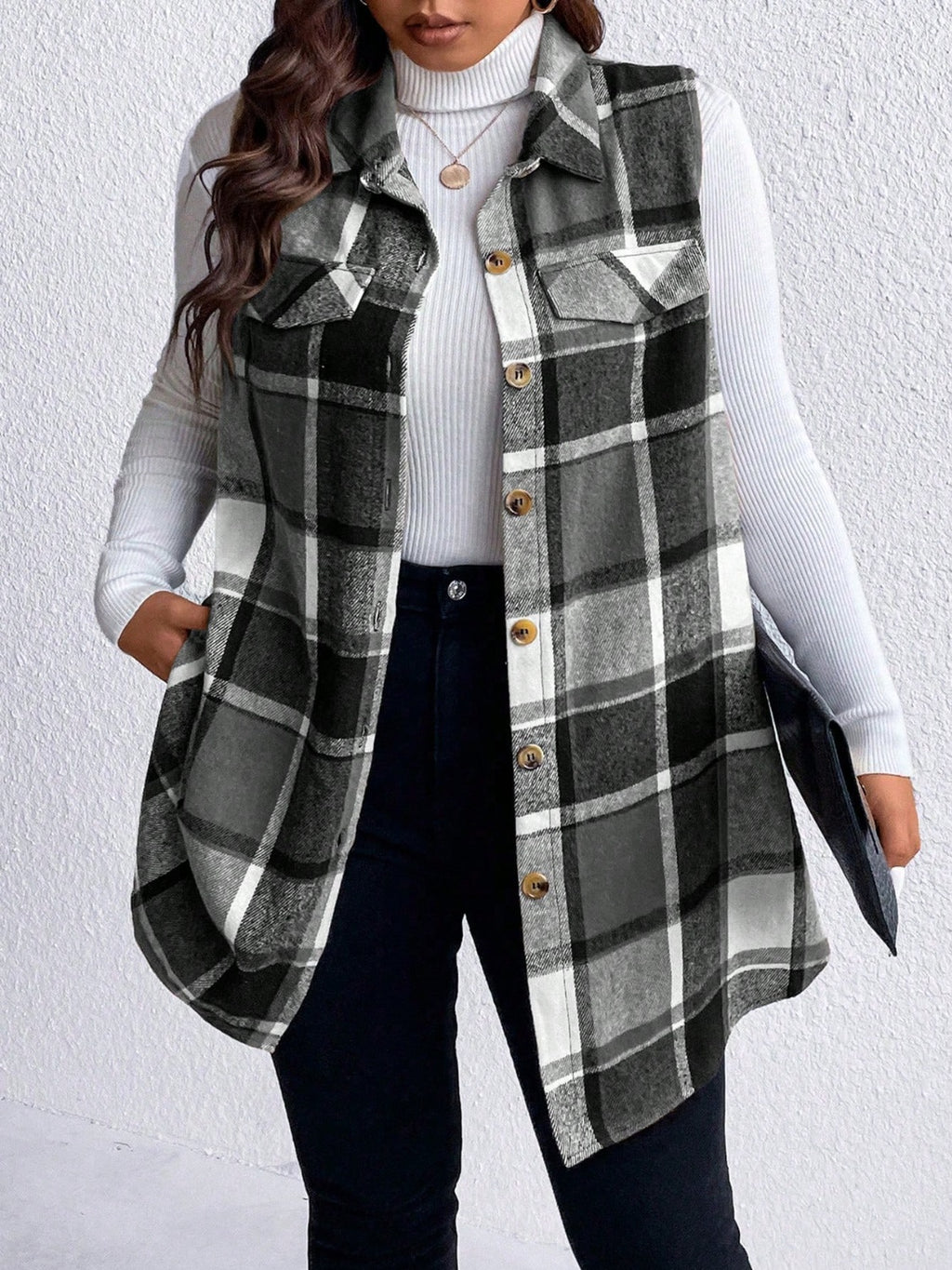 Honey Plus Size Pocketed Plaid Button Up Vest Coat - Siennasass