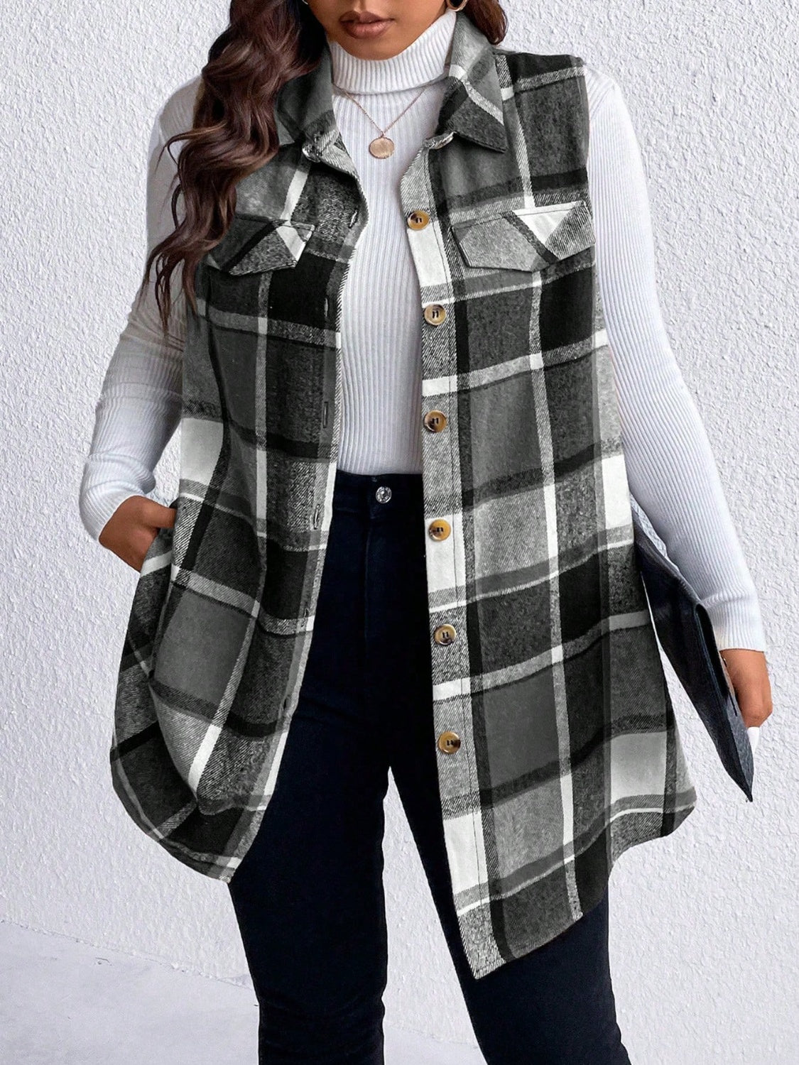Honey Plus Size Pocketed Plaid Button Up Vest Coat - Siennasass