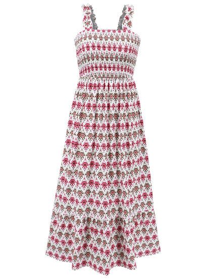 Smocked Printed Square Neck Sleeveless Dress - Siennasass