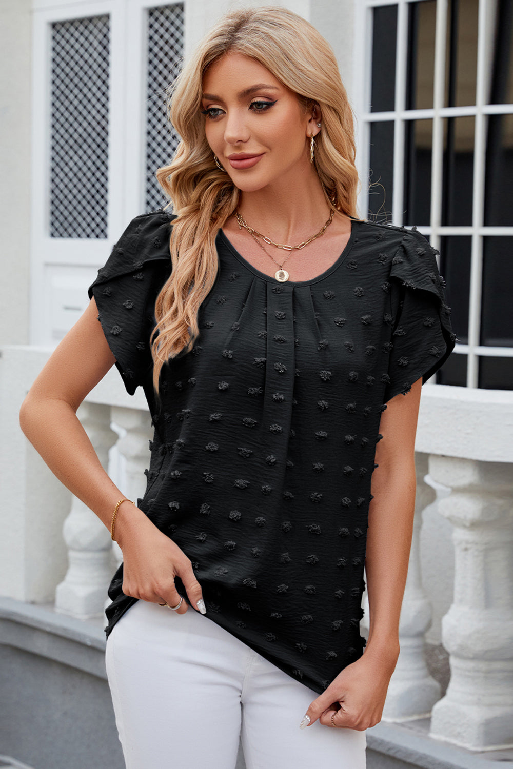 Swiss Dot Round Neck Petal Sleeve Blouse - Siennasass