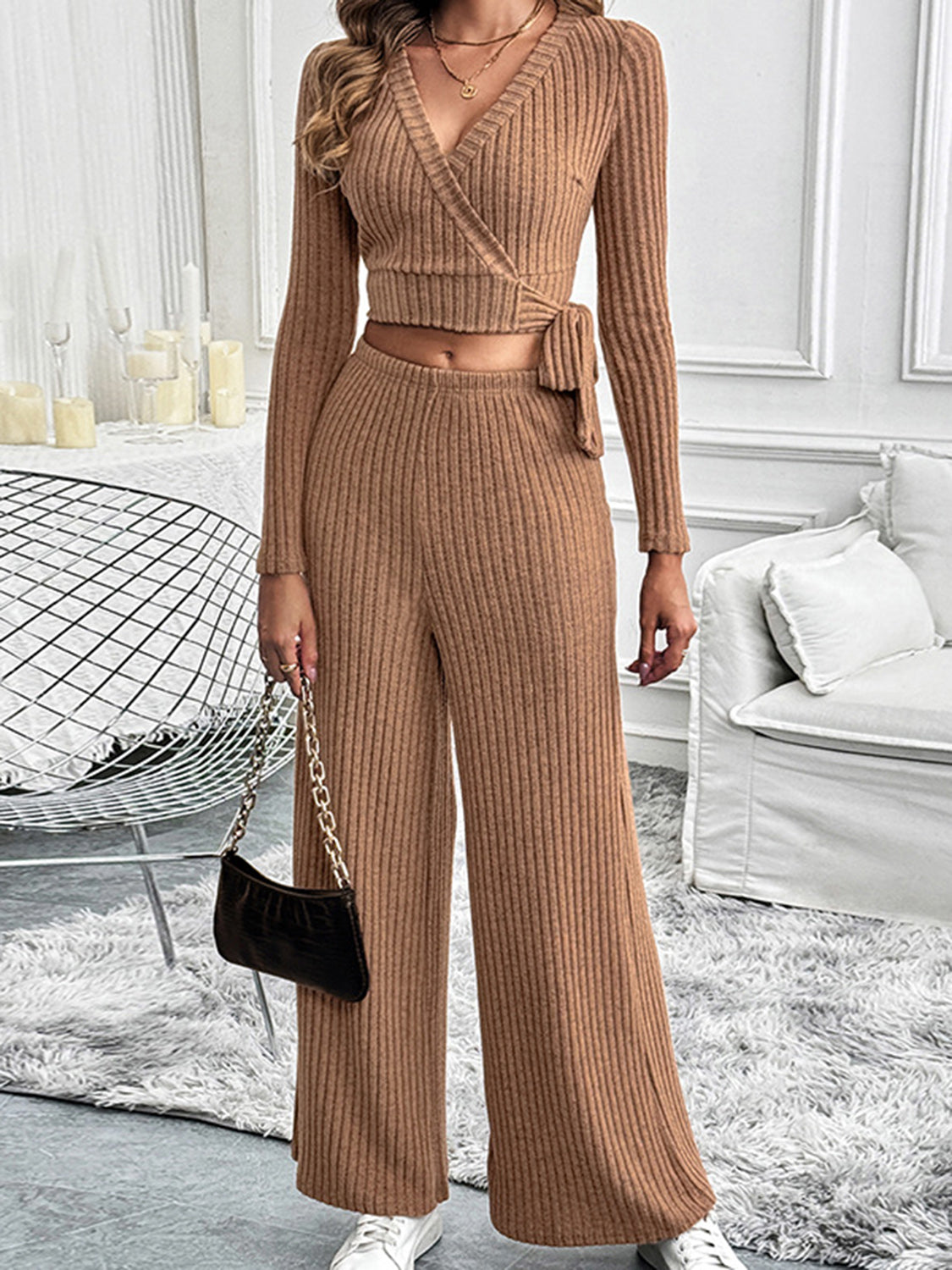 Perfee Surplice Long Sleeve Top and Pants Set - Siennasass