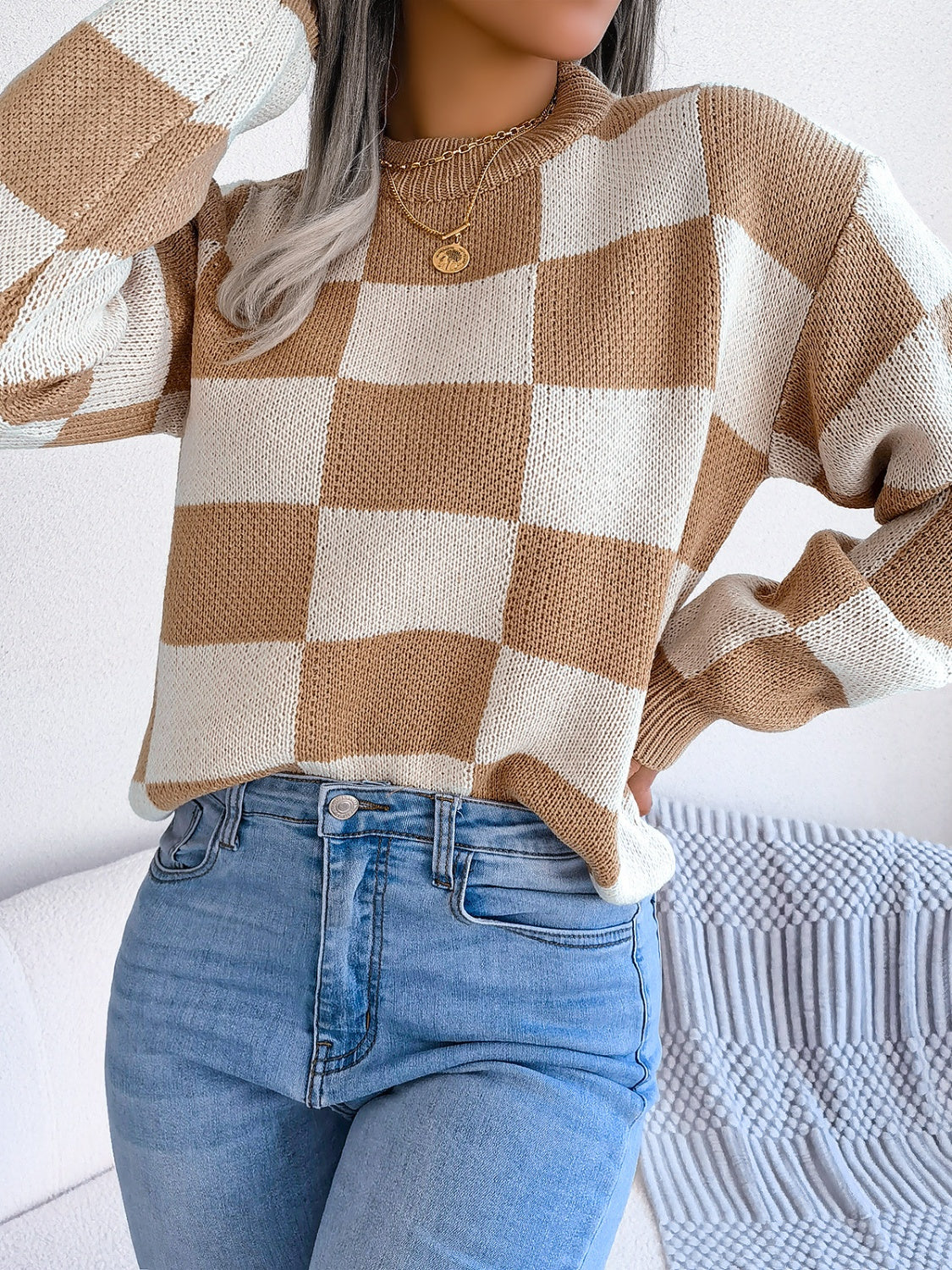 Checkered Mock Neck Long Sleeve Sweater - Siennasass