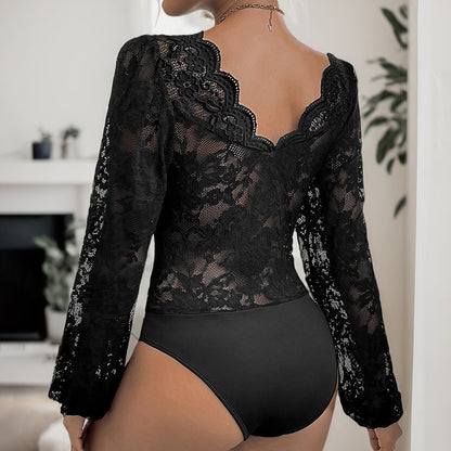 Perfee Lace Plunge Long Sleeve Bodysuit - Siennasass