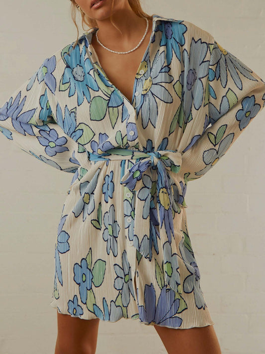 Tied Button Up Long Sleeve Dress - Siennasass