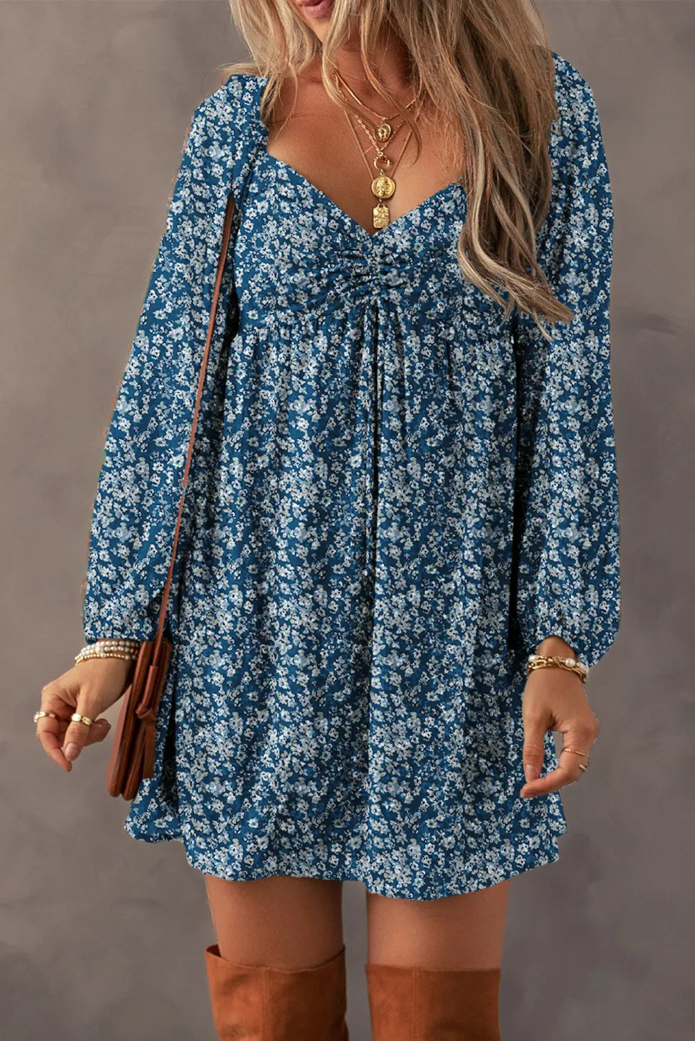 Ruched Printed Long Sleeve Mini Dress - Siennasass