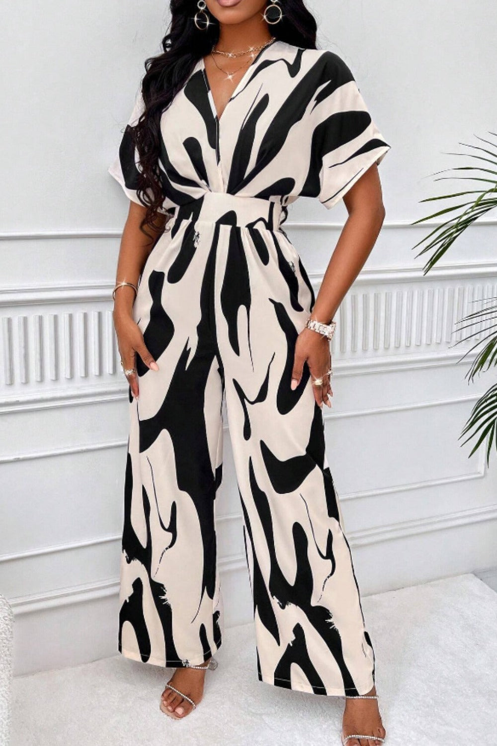 Printed V-Neck Short Sleeve Wide Leg Jumpsuit - Siennasass