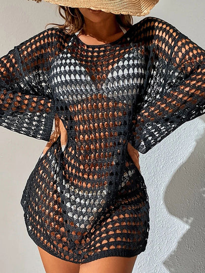 Openwork Boat Neck Long Sleeve Cover-Up - Siennasass