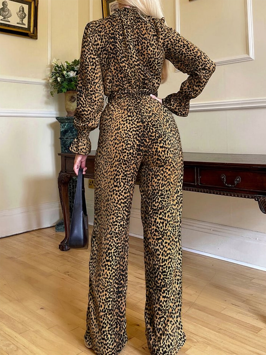 Leopard Flounce Sleeve Wide Leg Jumpsuit - Siennasass