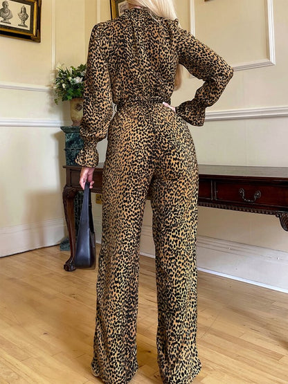 Leopard Flounce Sleeve Wide Leg Jumpsuit - Siennasass
