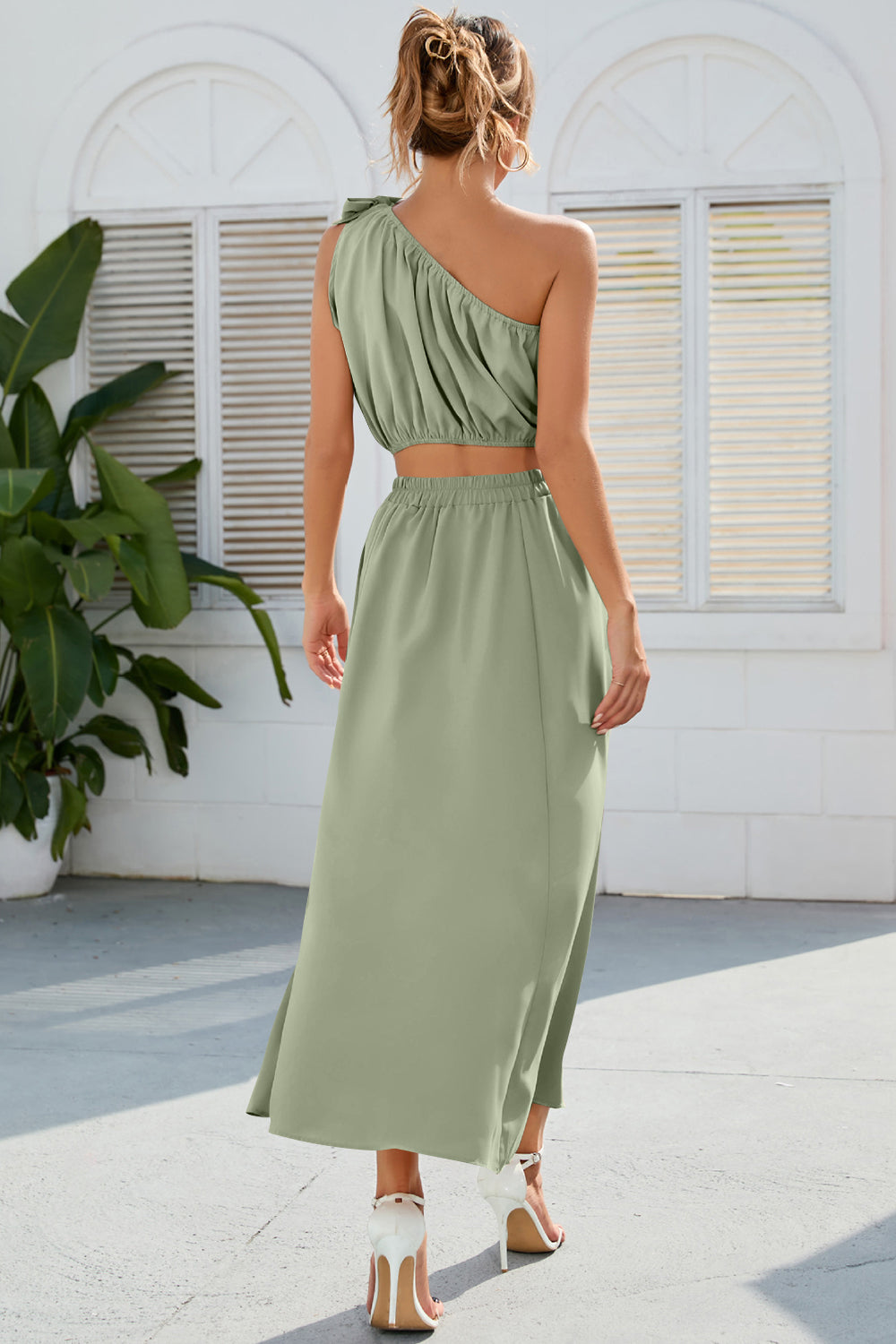 Ruched One Shoulder Top and Slit Skirt Set - Siennasass