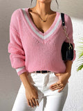 Contrast Trim V-Neck Long Sleeve Sweater - Siennasass