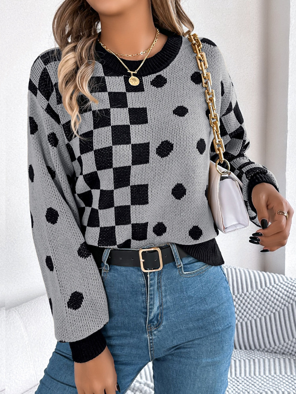 Plaid Round Neck Long Sleeve Sweater - Siennasass