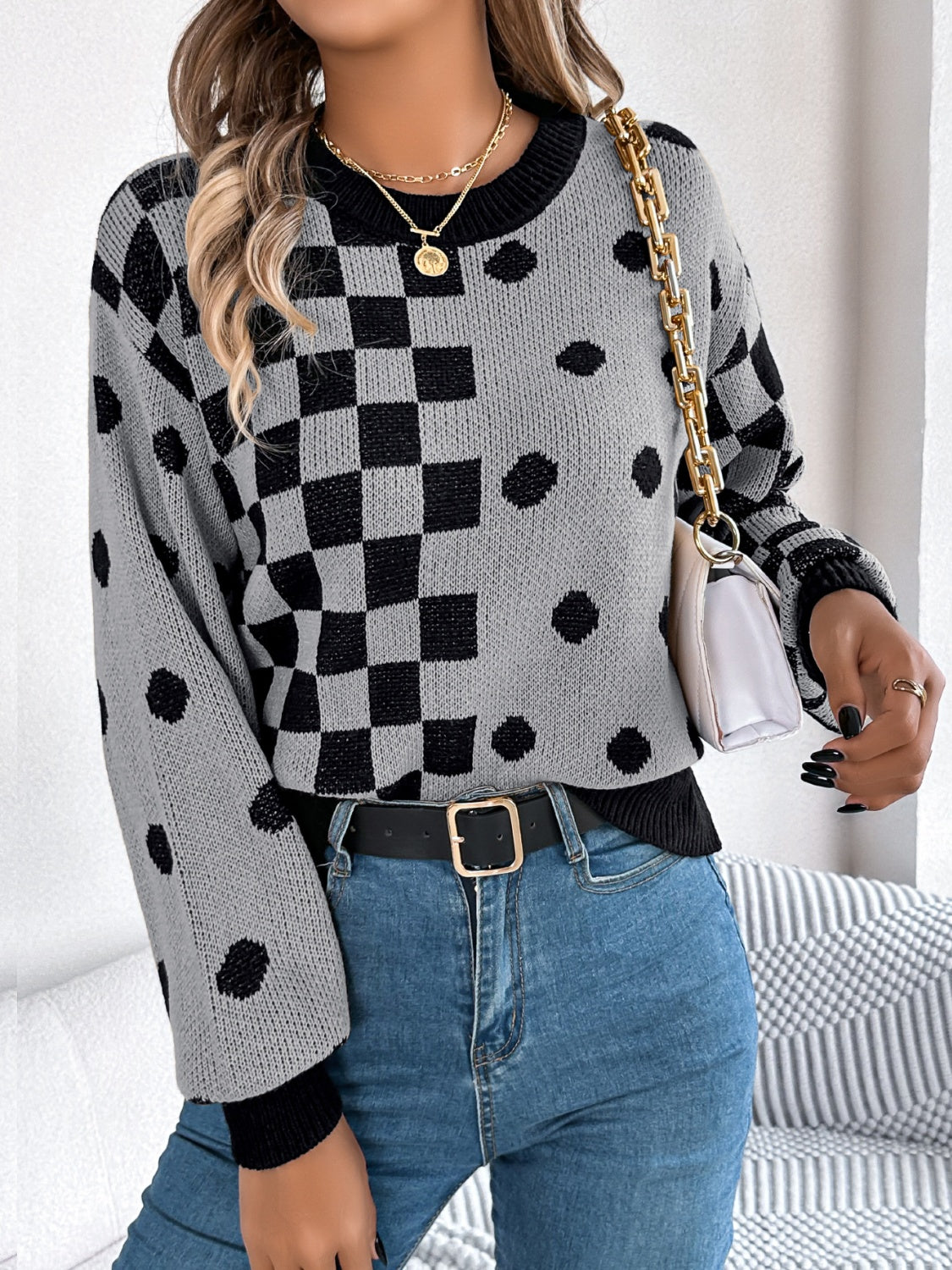 Plaid Round Neck Long Sleeve Sweater - Siennasass