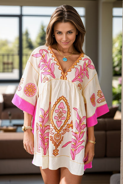 Printed V-Neck Three-Quarter Sleeve Mini Dress - Siennasass