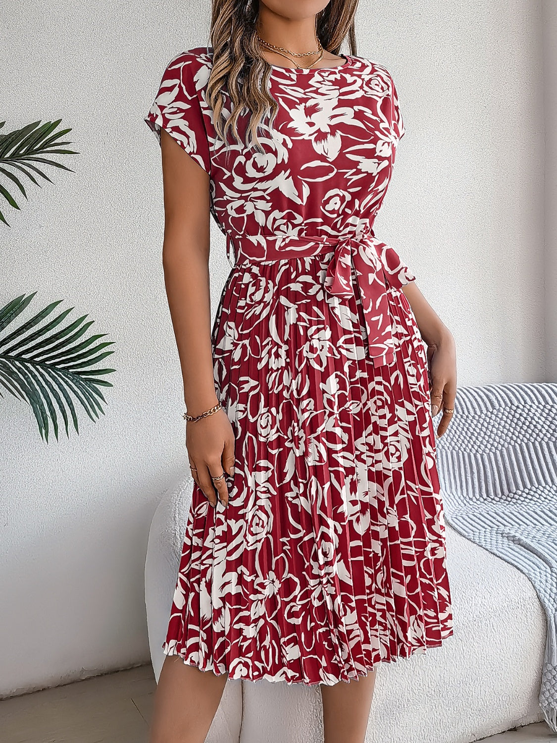 Tied Pleated Printed Short Sleeve Dress - Siennasass