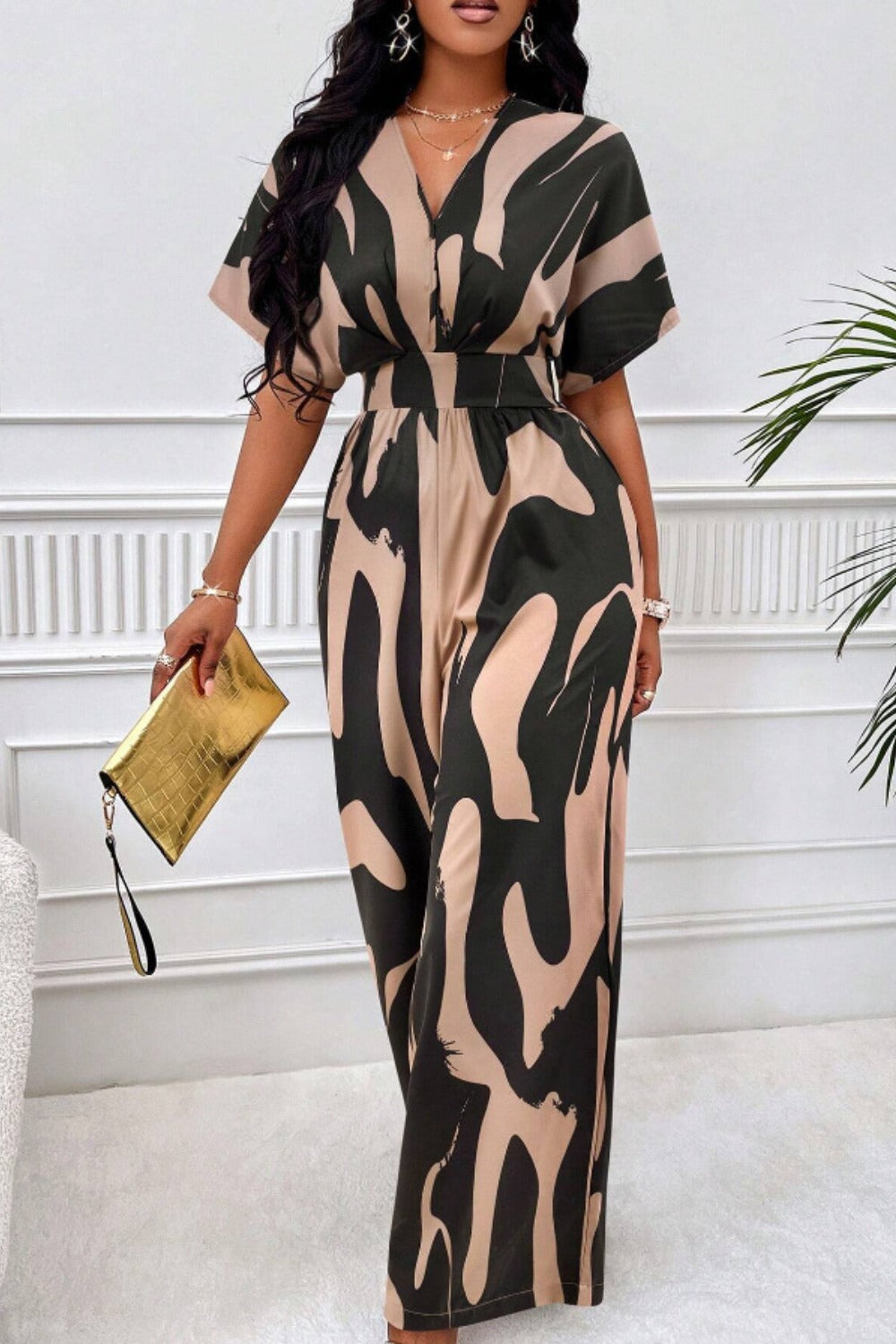 Printed V-Neck Short Sleeve Wide Leg Jumpsuit - Siennasass