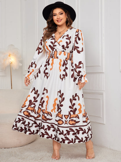 Plus Size Printed Surplice Flounce Sleeve Dress - Siennasass