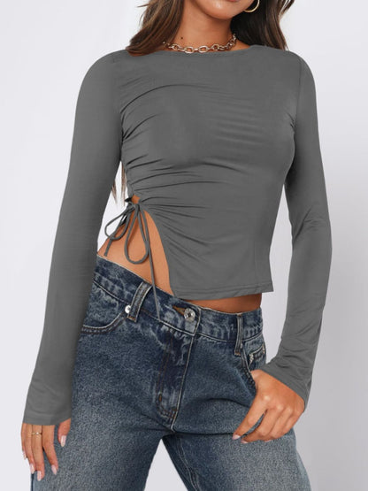 Tied Slit Round Neck Long Sleeve T-Shirt - Siennasass